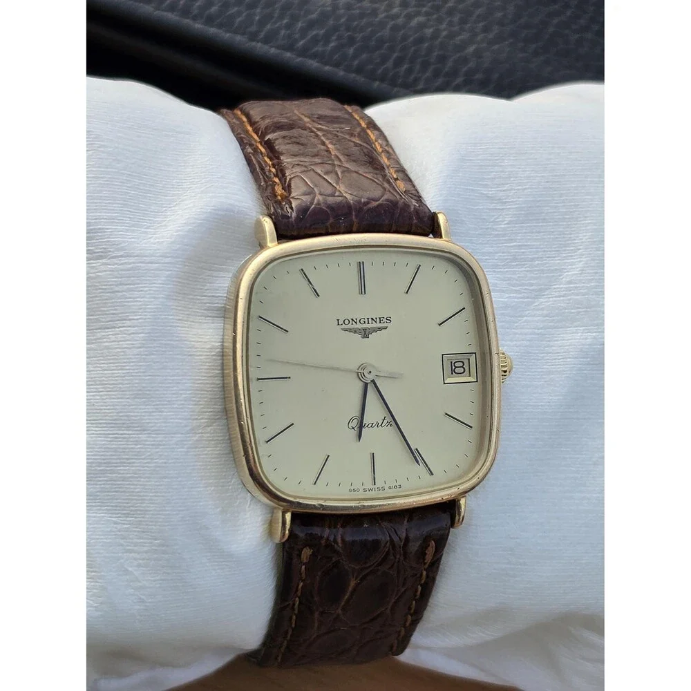 VTG Longines Golden TV Mens Watch Classical Champagne Dial Brown Leather Swiss